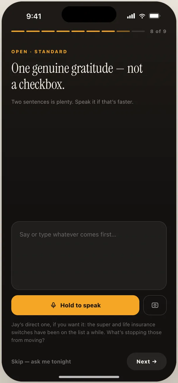 Daily capture screen with a short prompt and a hold-to-speak button